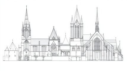 France architecture landmarks and famous historic buildings thin line icons. Vector facades set of Saint Auban cathedral in Guerande and Etienne in Caen, Molsheim church or Ducal Palace in Nievre