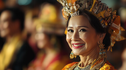 Fototapeta premium Smiling Festival Goers in Colorful Traditional Costumes at a Cultural Celebration in a Bright, Noise-Free Venue.