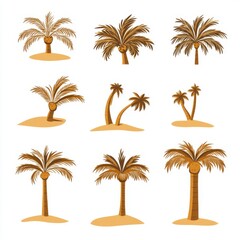Naklejka premium A vibrant collection of tropical palm trees illustrated in a playful style with sandy bases.