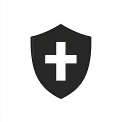 Obraz premium A simple black shield emblem featuring a white cross, symbolizing protection and safety.