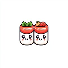 Obraz premium Cute cartoon jars with happy expressions, one filled with leafy greens and the other with strawberries.