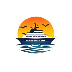 A silhouette of a yacht sailing at sunset, surrounded by seagulls and gentle waves.