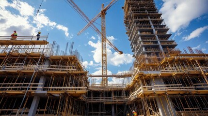 Construction site with cranes and workers under a blue sky.