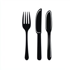 A sleek silhouette of a fork, knife, and spoon set against a white background.