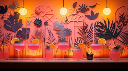 Vibrant paper cut drinks, studio lighting setup, space on the right side, soft rose background,generative ai illustration