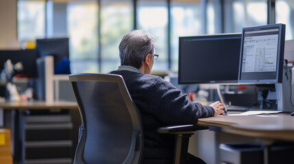 Visually Impaired Individual Using Braille Device in a Minimalistic Office to Emphasize Accessibility and Inclusion at Work.