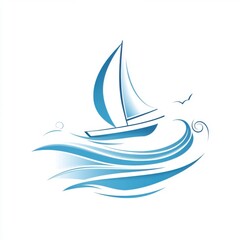 Sleek blue sailboat gracefully navigating stylized waves under a clear sky.