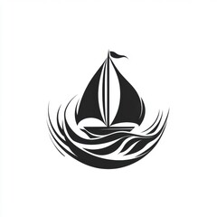 Fototapeta premium Stylized black sailboat icon sailing on waves, representing adventure and freedom.