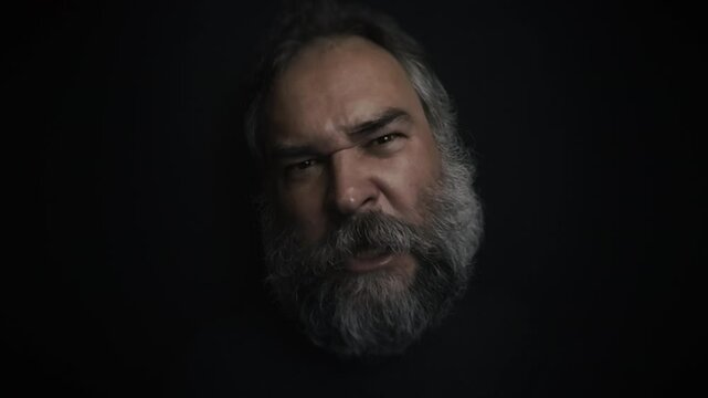 Closeup portrait of a mad, angry screaming bearded old man making faces on a black background. Sticking out tongue at camera. Fury, insanity, anger, madness topics. Slow motion video.
