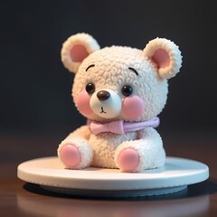 Sweet Teddy Bear Charm: A delicate and adorable teddy bear figurine with rosy cheeks and a pink bow, captured in a close-up shot, exudes a charming and heartwarming presence.  