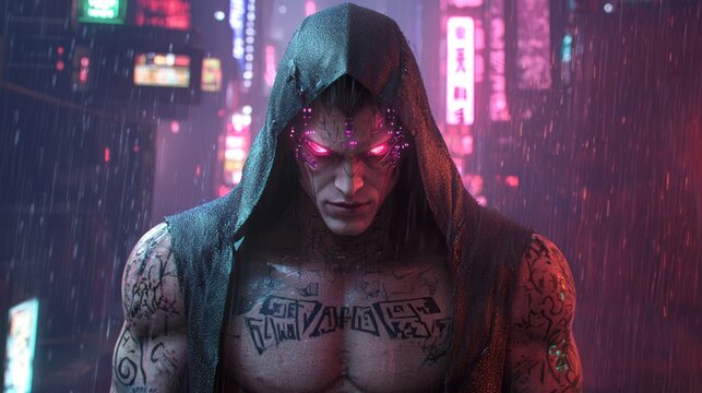 Neon Cyberpunk Assassin in Rainy Cityscape - Futuristic Male Character with Glowing Tattoos and Cybernetic Eye Standing Under Streetlight - 3D Rendered Digital Artwork