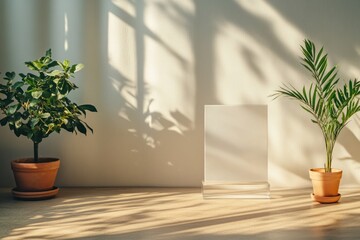 Fototapeta premium Indoor plants with shadows casting on a blank display in a sunlit room during the afternoon