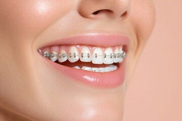 Fototapeta premium Bright smile with braces showcasing dental treatment in a close-up view of young person in a neutral background