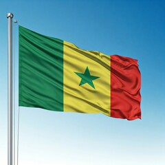 Obraz premium national flag of senegal, waving against blue sky, flag of the nation, blowing in the wind