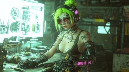 Futuristic Cybernetic Engineer in Cluttered Workshop - 3D Render Ultra-Detailed Illustration