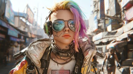 Urban Rebel: Cyberpunk Teen Skating Through Market in 3D Render Digital Artwork