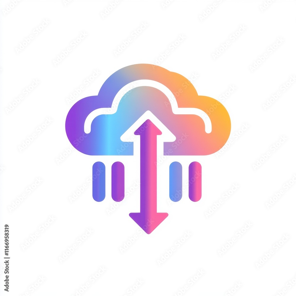 Poster colorful cloud icon with upload and download arrows, representing data storage and cloud computing.