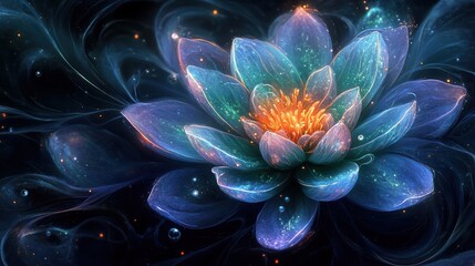 Obraz premium Luminous blue and orange lotus flower with swirling smoke and glowing particles.