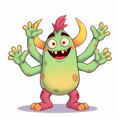 Fototapeta premium Friendly Green Monster with Six Arms: A cheerful cartoon monster with six arms, bright green skin, and a toothy grin, radiating positivity and playful energy.