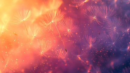 Dandelion seeds silhouetted against a vibrant sky blending orange, pink, purple, and twilight blue.