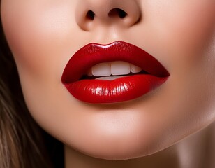 Obraz premium Close-up shot of a woman's mouth with perfectly applied red lipstick, highlighting the smooth texture of her lips, against a neutral background for a bold, beauty-focused image
