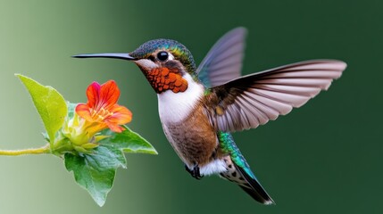 Fototapeta premium A hummingbird hovering near a vibrant flower.