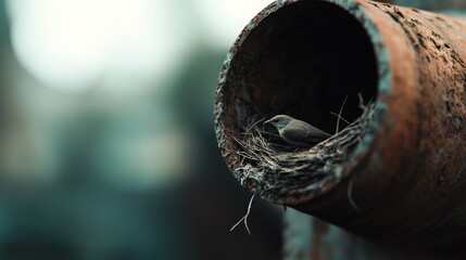 A small bird sits in a nest made of twigs and feathers, resting in a hollow of a rusted metal structure along the shore during sunset.