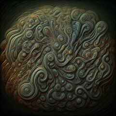 frenzied non-representational organic scribblings painted in oil with a slight effect a semiskilled psychotic outsider artist in an attempt to bring some order to the chaos within their mind and soul