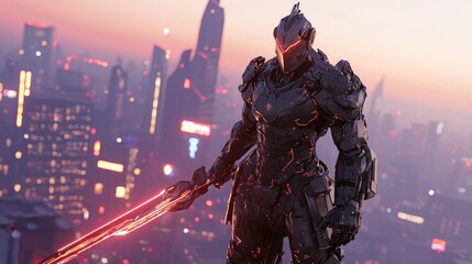 Neon Guardian - Fierce Cyberpunk Warrior Overlooking Vibrant Cityscape in Ultra-Detailed 3D Render Digital Artwork