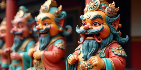 Fu Lu Shou statues, intricate detail, vibrant colors, oriental, good fortune, spring