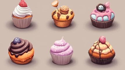 Bakery shop cookies and pastry icons. Vector isolated set sweet tiramisu torte, cheesecake or pudding pie, ice cream dessert and chocolate biscuit cupcake or fruit roll for patisserie or confectionery