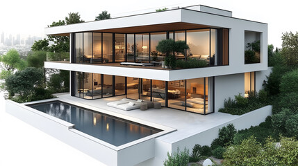Fototapeta premium Contemporary isometric 3D visualization of a loft-style house with minimalist features on a white background