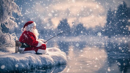 Naklejka premium A whimsical scene of Santa fishing on a snowy landscape, enjoying a serene winter day as snowflakes gently fall around him.