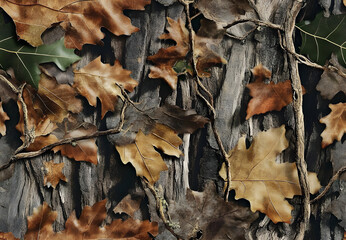 Close-Up Camouflage Design with Leaves and Rustic Tree Branches