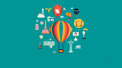Travel infographics with a hot air balloon with the envelope decorated with integrated travel icons which also surround the balloon