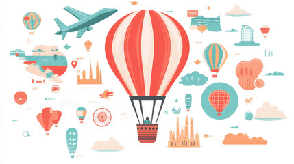 Travel infographics with a hot air balloon with the envelope decorated with integrated travel icons which also surround the balloon