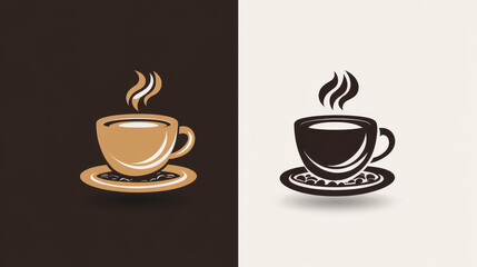Cafe menu icon. Stylized hot coffee cup with steam and coffee beans. Label design for cafeteria door sticker, tag, signboard, coffee shop