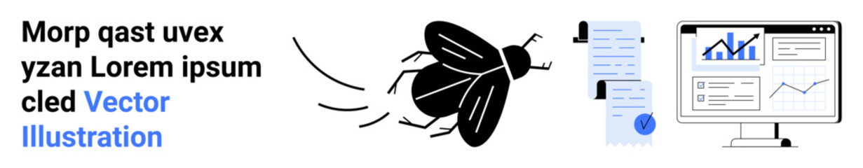 Business analytics on a computer screen, flying bee, and documents. Ideal for data presentation, corporate reports, marketing materials, educational purposes, infographics, website design