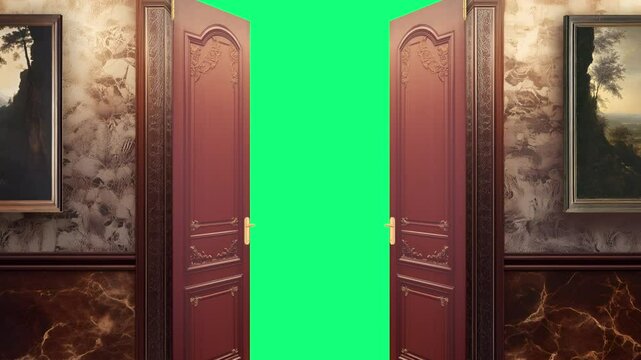 Luxury classic door opening to the background - animation with green chroma key