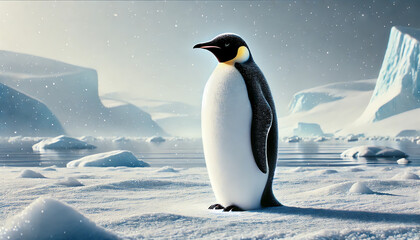 Obraz premium An emperor penguin standing on snow in a serene arctic landscape