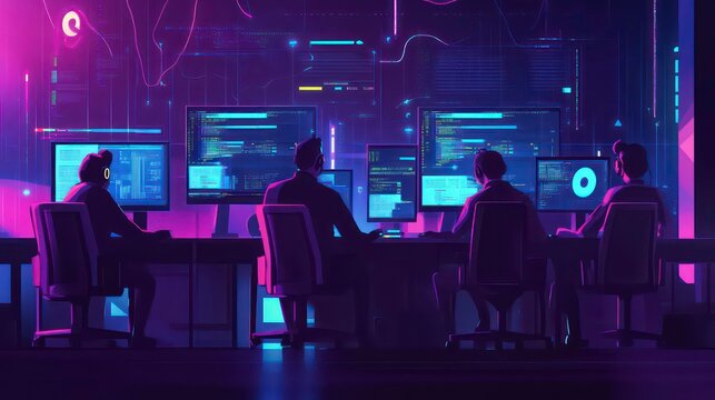 AI cyber security concept. Diverse IT specialist team analyzing artificial intelligence online risk threats to consumer data & privacy. Software developers coding & ethical hacking in dark office.