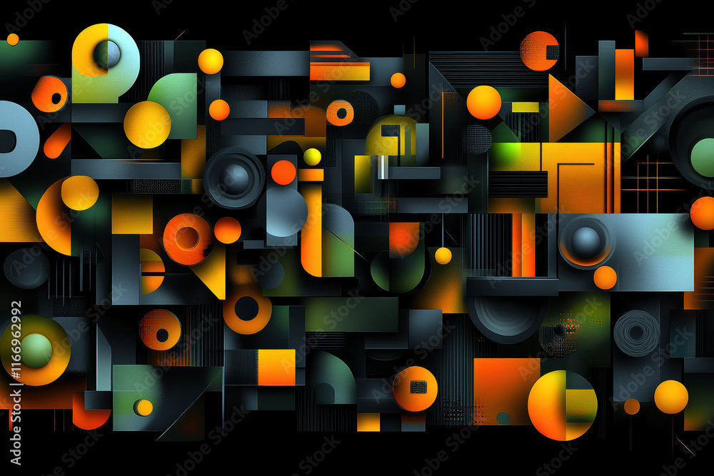 Poster a vibrant abstract composition featuring geometric shapes and contrasting colors, creating a dynamic