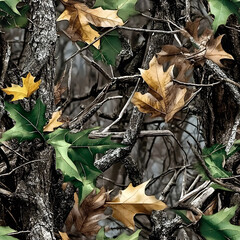 Realistic Woodland Camouflage with Vibrant Green Leaves and Brown Branches