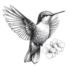 Detailed black and white illustration of a hummingbird in flight.