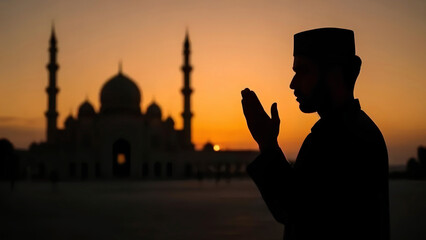 silhouette of a muslim man praying with a blurry mosque and sunset background