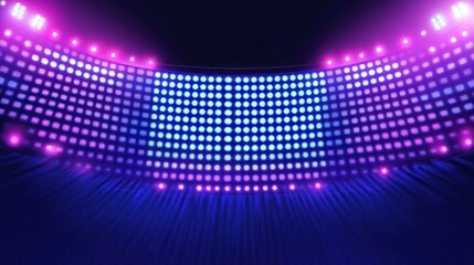 Authentic concave LED display for a wall or platform, Large TV display depicted in a vector illustration with neon blue and purple dot lights, Stadium digital scoreboard with diode lights