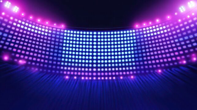 Authentic concave LED display for a wall or platform, Large TV display depicted in a vector illustration with neon blue and purple dot lights, Stadium digital scoreboard with diode lights
