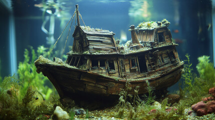 Cartoon underwater sea landscape with sunken boat and seaweeds. Vector background with wooden sail ship house building, aquarium decor, mermaid home, fantasy boat fairytale dwelling, architecture