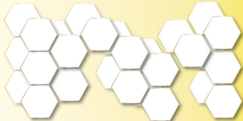 White Hexagonal background with golden light. Hexagon technology white and gold colored honeycomb abstract background. Dark 3d geometric texture illustration. Bright grid pattern.	
