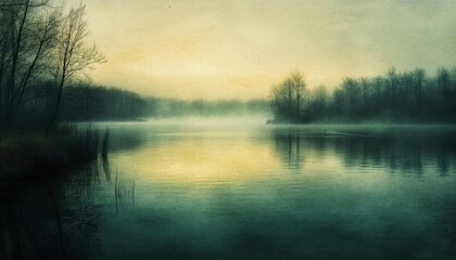 Obraz premium Serene lake at dawn, enveloped in mist and soft, muted colors.